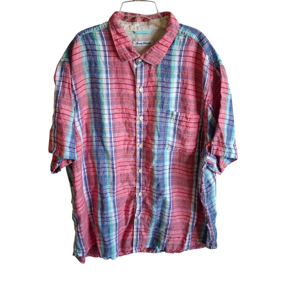 Tommy Bahama Shirt Men 2XL Pink Blue Plaid Short Sleeve 100% Linen Sorbet Resort